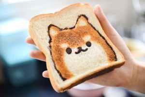 Kitten face depicted on toasted bread.